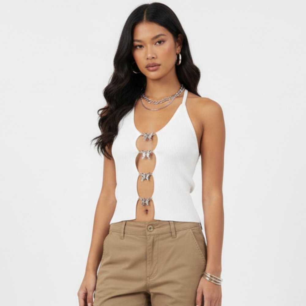 Rehab Lab White Ribbed Silver Butterfly Front Close Tank Top NEW L